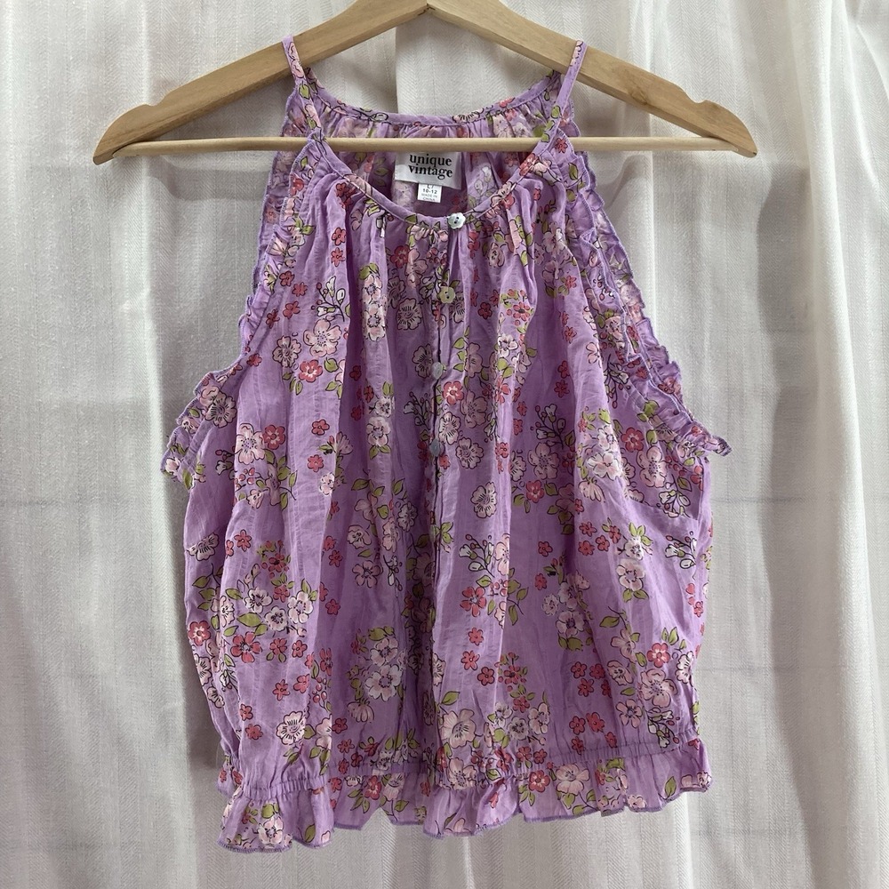 Unique Vintage Floral Tank Top Lavender Pink Ruffle Sleeveless Blouse L NWOT‎